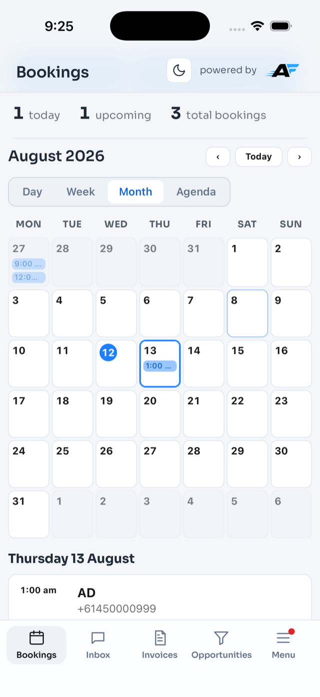 AutoFlow bookings calendar, month view