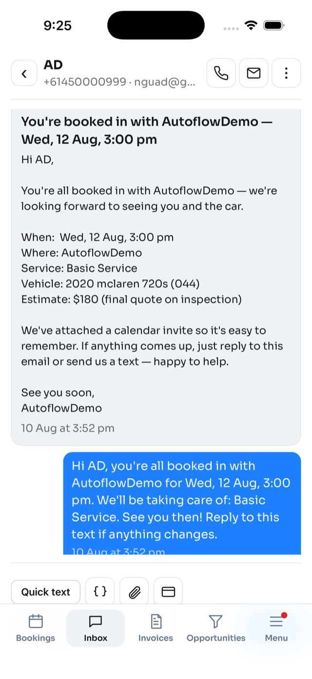 AutoFlow customer inbox with a booking confirmation thread