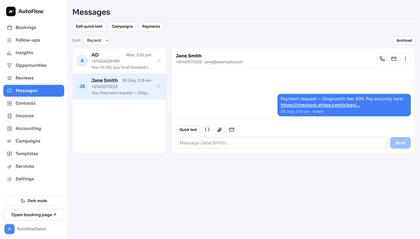 AutoFlow two-way message inbox